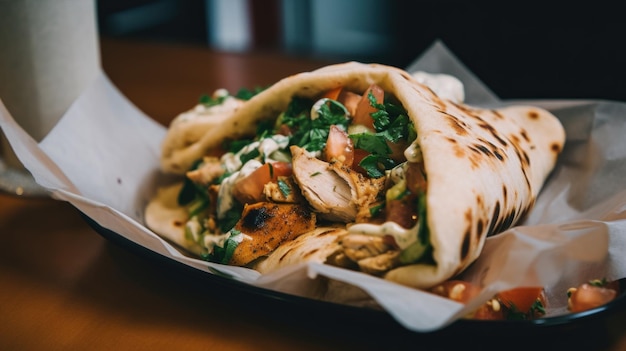 Un pan de pita relleno de carne y verduras en un plato Imagen generativa de IA