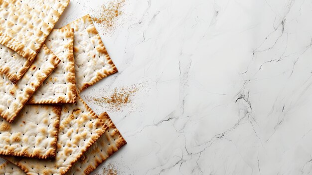 Foto pan plano de matzo crujiente con migas sobre un fondo de mármol blanco