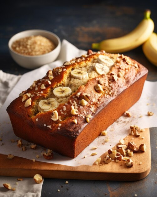 Un pan de plátano caliente del horno roba el centro de atención en esta toma con su corteza marrón dorado salpicada de caju entero añadiendo un delicioso crujiente y sabor a tierra a cada bocado