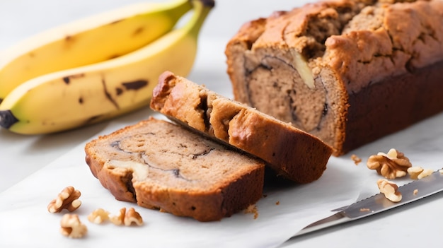 Pan de plátano con cáscara de plátano en un plato