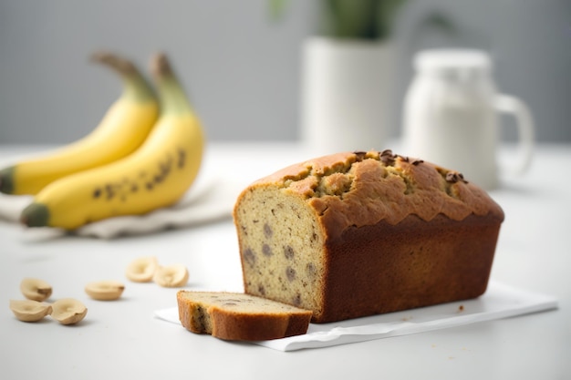 Pan de plátano vegano recién horneado en mesa blanca