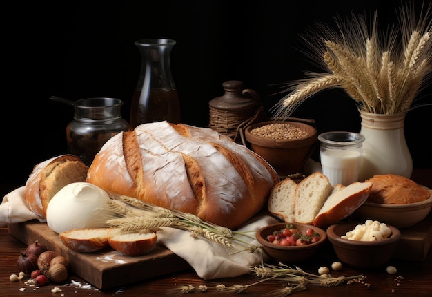 Pan y productos lácteos con orejas de trigo
