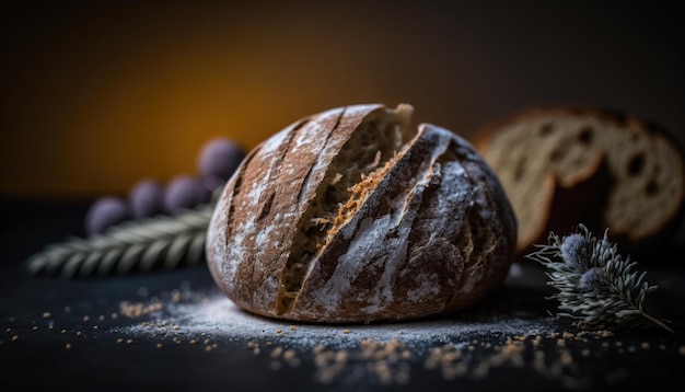 Pan con un racimo de uvas en la mesa