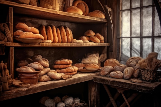 Pan recién horneado en estantes de madera creados con ai generativo