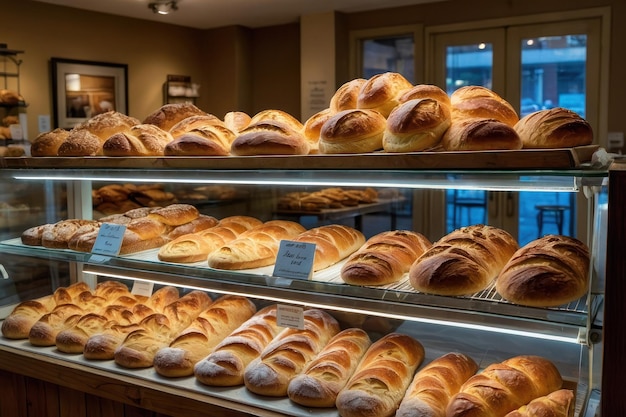 Pan recién horneado en exhibición en una panadería
