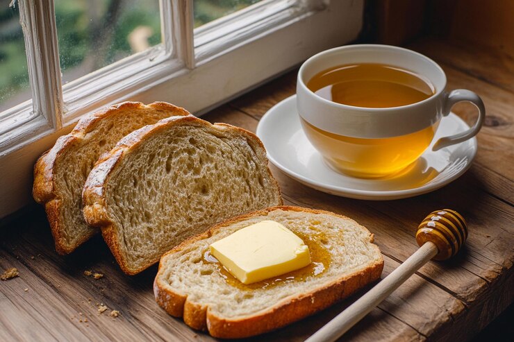 Pan recién horneado con mantequilla y miel servido con una taza de té caliente junto a la ventana
