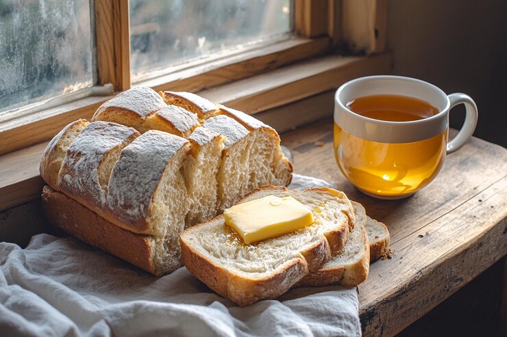 Pan recién horneado con un poco de mantequilla junto a una taza de té caliente en una mesa de madera rústica