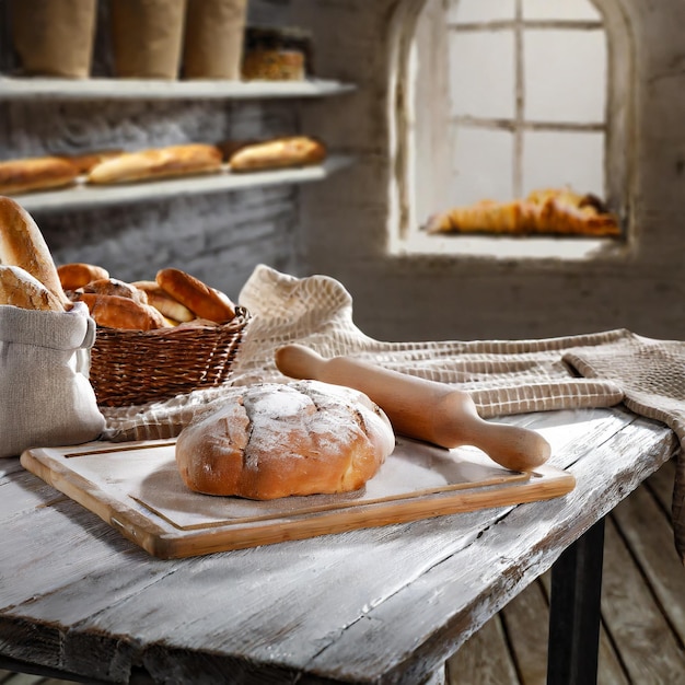 Pan recién horneado sobre una mesa rústica de madera generada por IA