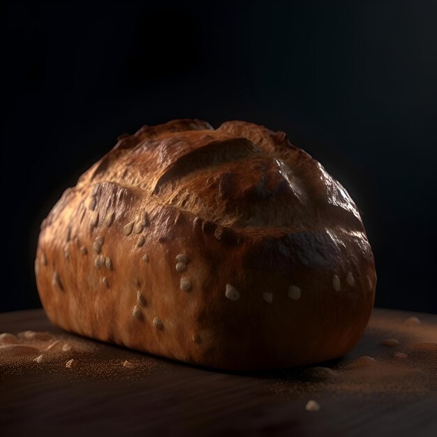 Pan recién horneado en una tabla de madera sobre un fondo oscuro