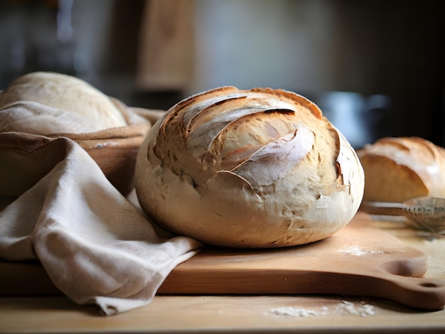 Pan recién horneado en tablero de madera de cerca Productos de panadería