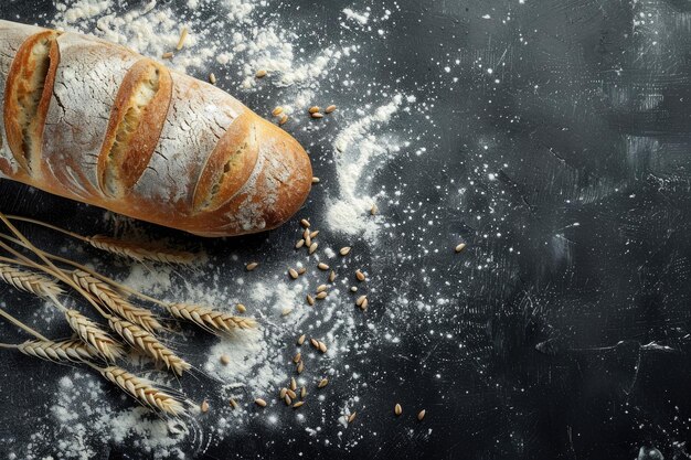 Foto pan rústico y baguette en el fondo de la pizarra cocina rural