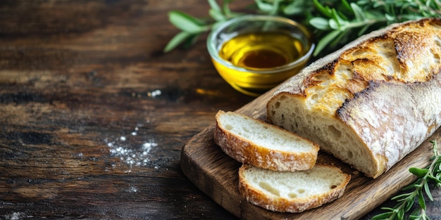 Pan rústico servido con aceite de oliva y vinagre balsámico en una tabla de madera con hierbas