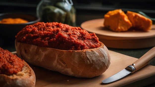 Un pan con una salsa roja en él