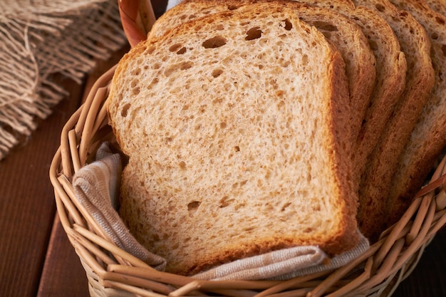 Pan de salvado en una canasta sobre fondo marrón