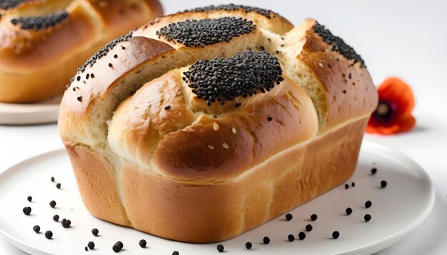 Pan con semillas de amapola aisladas en blanco