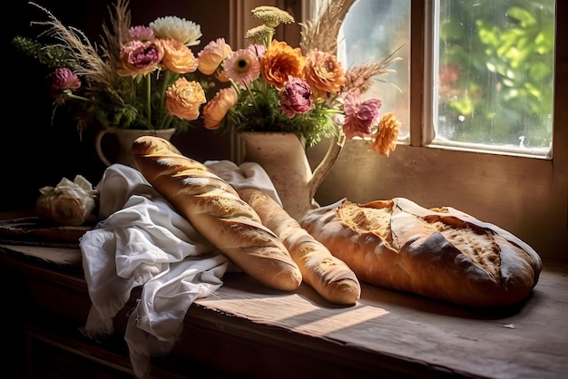 Un pan se sienta en el alféizar de la ventana junto a un jarrón de flores.