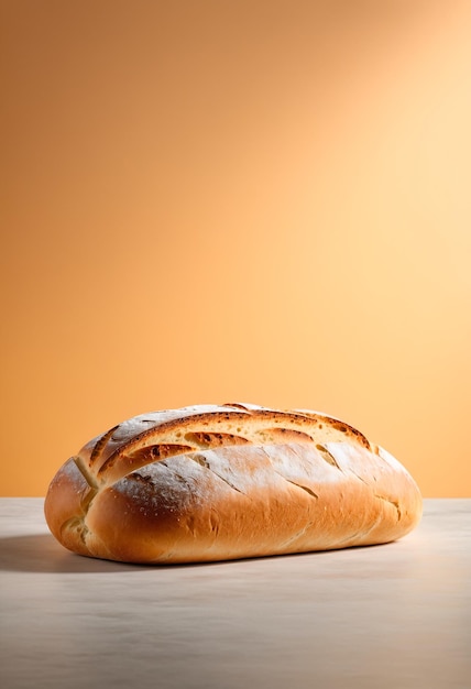 Foto un pan se sienta en una mesa contra una pared naranja