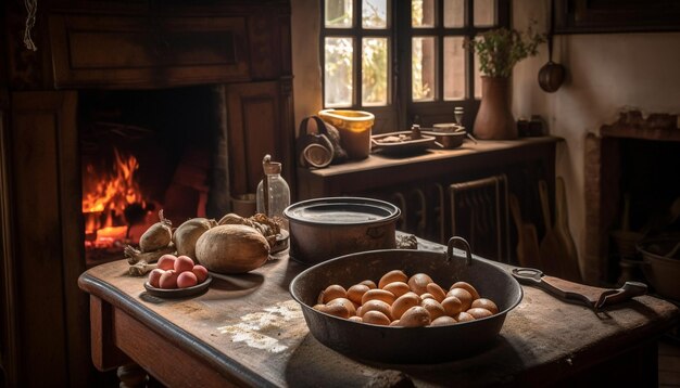 Pan de tomate orgánico recién horneado en hierro fundido generado por IA