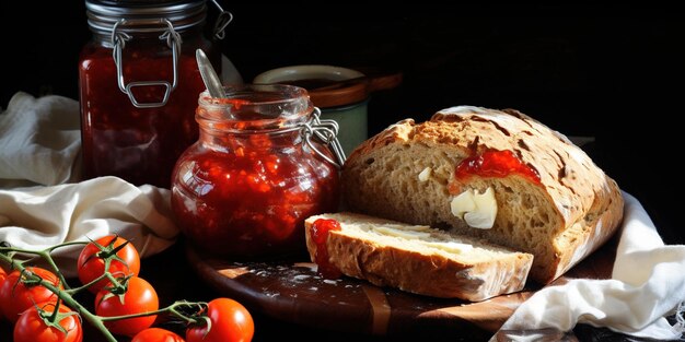 Un pan con tomates y un frasco de mermelada.