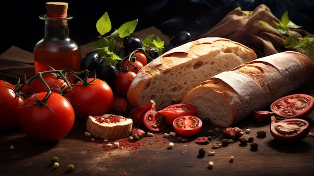 un pan con tomates y tomates en una mesa