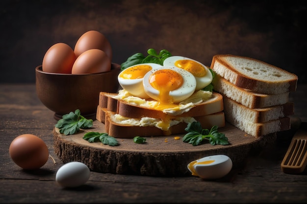 Pan tostado frito con cuatro tipos diferentes de huevos de gallina cocidos generados por IA