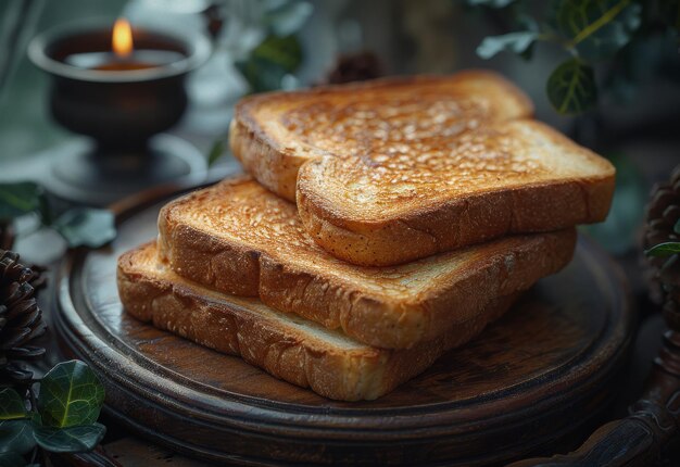 Pan tostado en un plato de madera y una vela