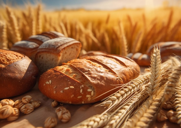 Pan de trigo recién horneado con espica y fondo de campo de trigoAI Generativo