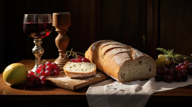 un pan y uvas en una mesa