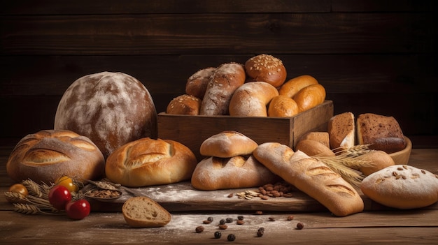 Pan de variedad sobre fondo de madera