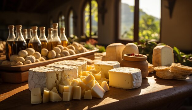 Foto pan y vino camembert gourmet frescos en una mesa de madera rústica generada por ia