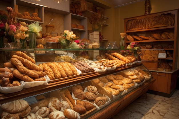 Panadería con exposición de panes y bollería recién horneados creados con ai generativa