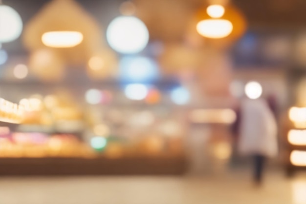 Panadería en un fondo Bokeh de un centro comercial con luces borrosas