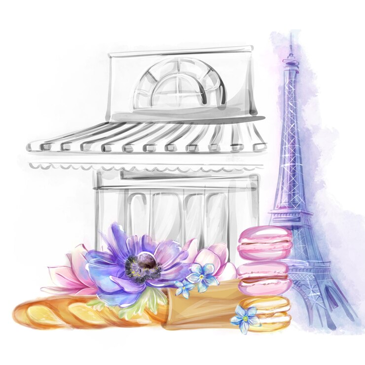 Foto panadería francesa pastelería macarons café parisino ilustración acuarela logo clipart para el diseño de volantes sitio web banner postales invitaciones