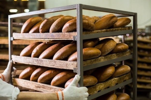 Panadería industrial con pan fresco en rejillas