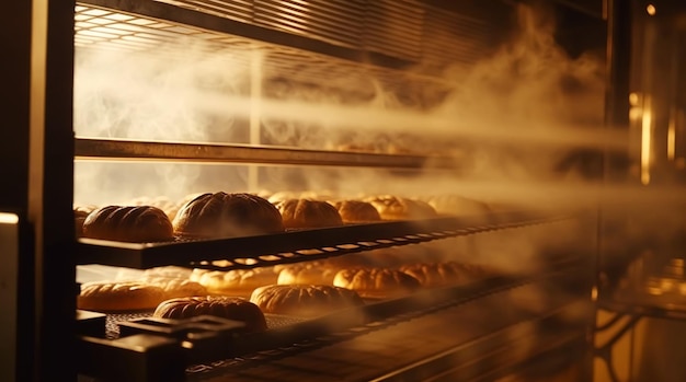 Panadería por la mañana pan fresco caliente y horneado de pasteles en el casco antiguo panadería productos recién horneados en los estantes y el horno pequeñas empresas locales y producción de alimentos Generativo Ai
