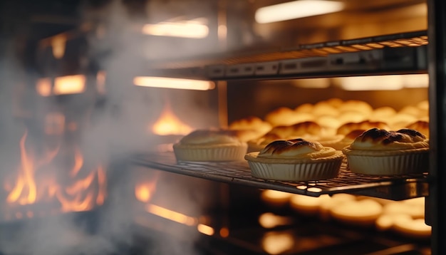 Panadería por la mañana pan fresco caliente y horneado de pasteles en el casco antiguo panadería productos recién horneados en los estantes y el horno pequeñas empresas locales y producción de alimentos Generativo Ai