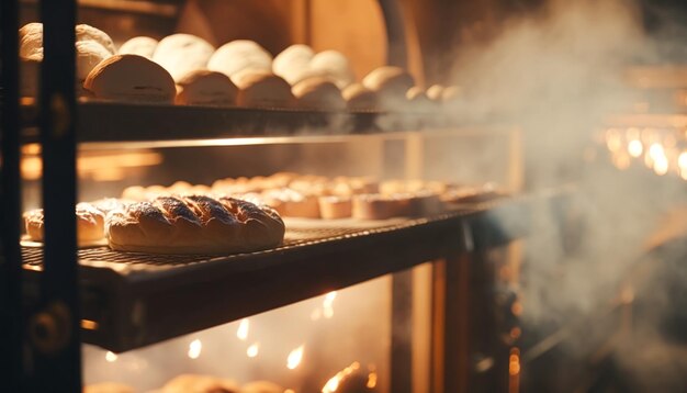 Panadería por la mañana pan fresco caliente y horneado de pasteles en el casco antiguo panadería productos recién horneados en los estantes y el horno pequeñas empresas locales y producción de alimentos Generativo Ai