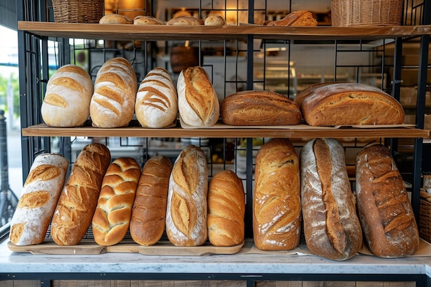 Panadería moderna con surtido de pan en estantería.