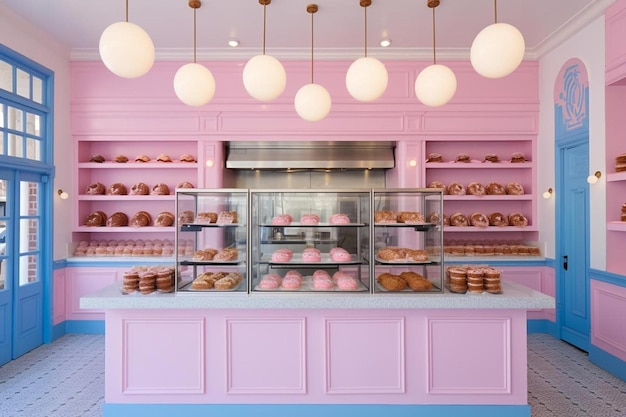 Foto una panadería con muchas rosquillas en el estante.