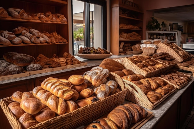 Panadería de pan artesanal con filas de panes y pasteles recién horneados creados con ai generativo