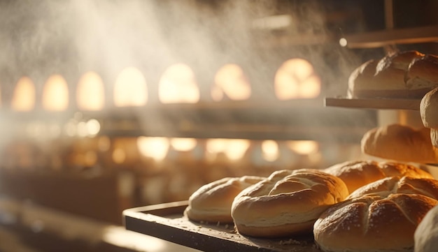 Panadería con pan fresco caliente y pastelería en la panadería del casco antiguo productos recién horneados en los estantes y el horno pequeñas empresas locales y producción de alimentos