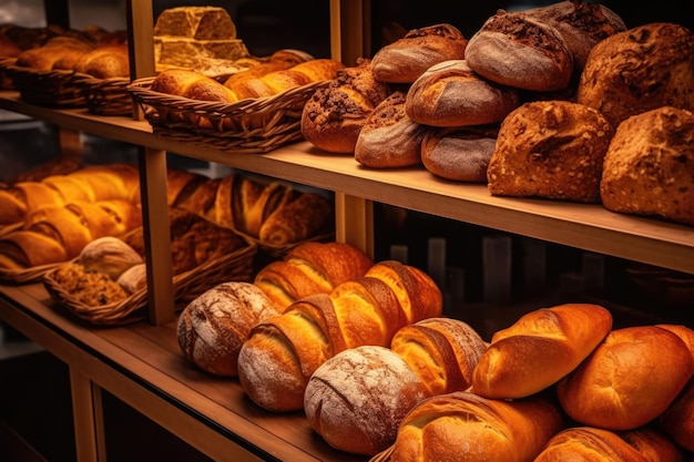 Una panadería con pan y pasteles. Diferentes tipos de pan, pasteles y bollos. IA generativa.