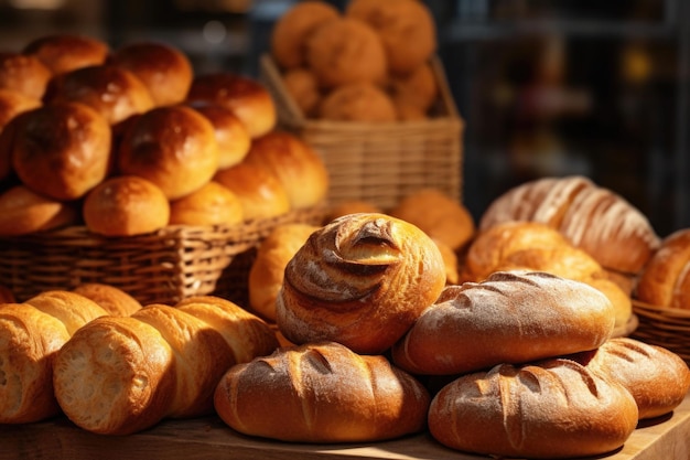 Una panadería con pan y pasteles. Diferentes tipos de pan, pasteles y bollos. IA generativa.