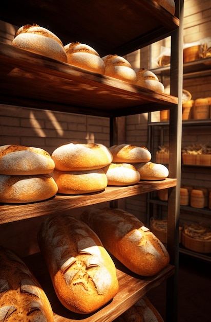 Foto una panadería con panes en exhibición y un letrero que dice pan