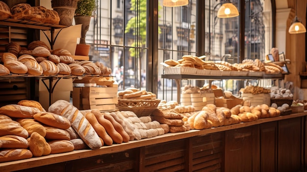 Una panadería tradicional francesa llena de pasteles y pan recién horneados