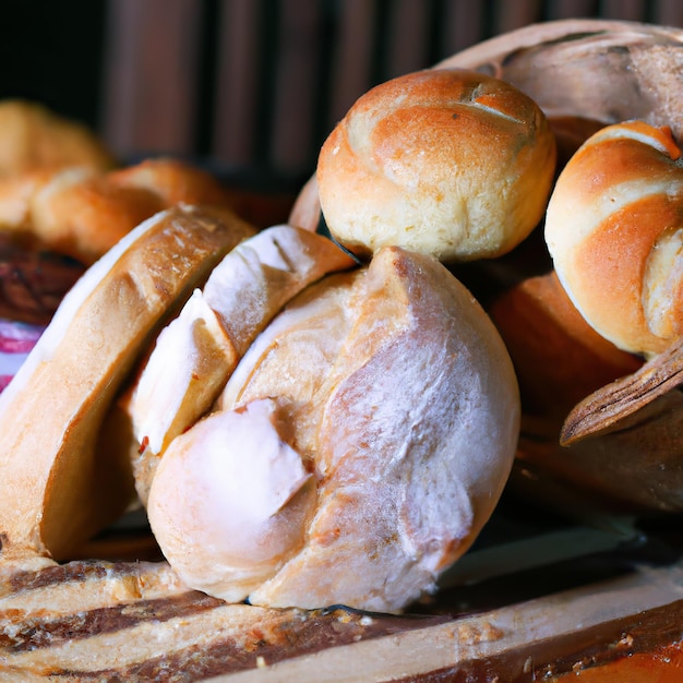 Panadería con varios tipos de pan recién horneado Bollos baguette bagel pan dulce y croissant Cerrar representación 3D