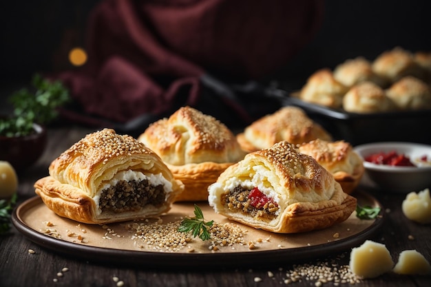 Panaderías puff con carne molida, semillas de sésamo y pasteles llenos de puré de patata en la mesa