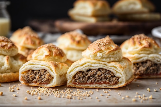 Panaderías puff con carne molida, semillas de sésamo y pasteles llenos de puré de patata en la mesa