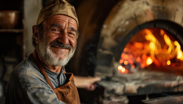 Un panadero alegre junto al horno de leña