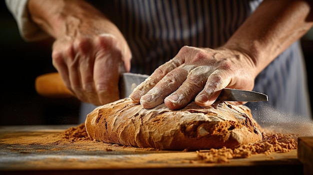 Foto panadero añadiendo jengibre a la masa de pan artesanal ia generativa